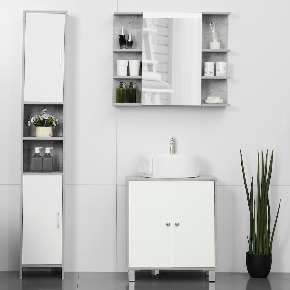 image 1 of kleankin Bathroom Under Sink Cabinet with Adjustable Shelf, White, Grey | White | White, Grey | 60x30x60