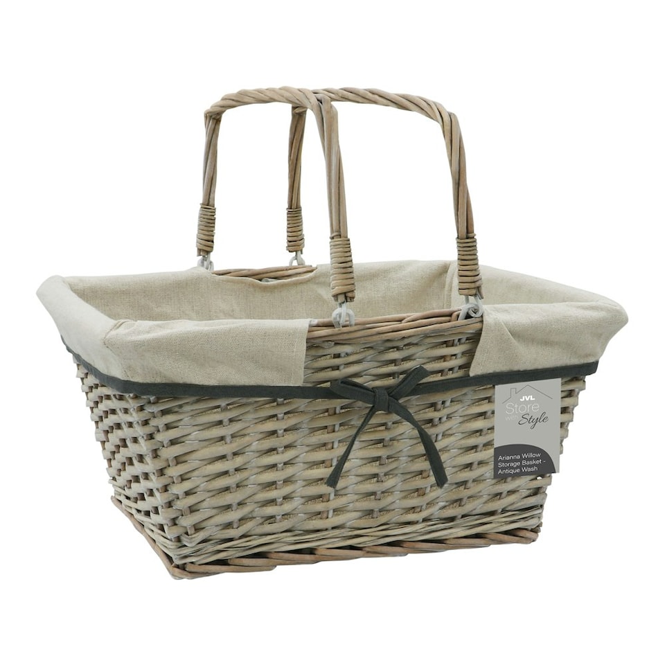 image 1 of JVL Hand Woven Arianna Rectangular Willow Shopping Basket with Handles, Grey Wash