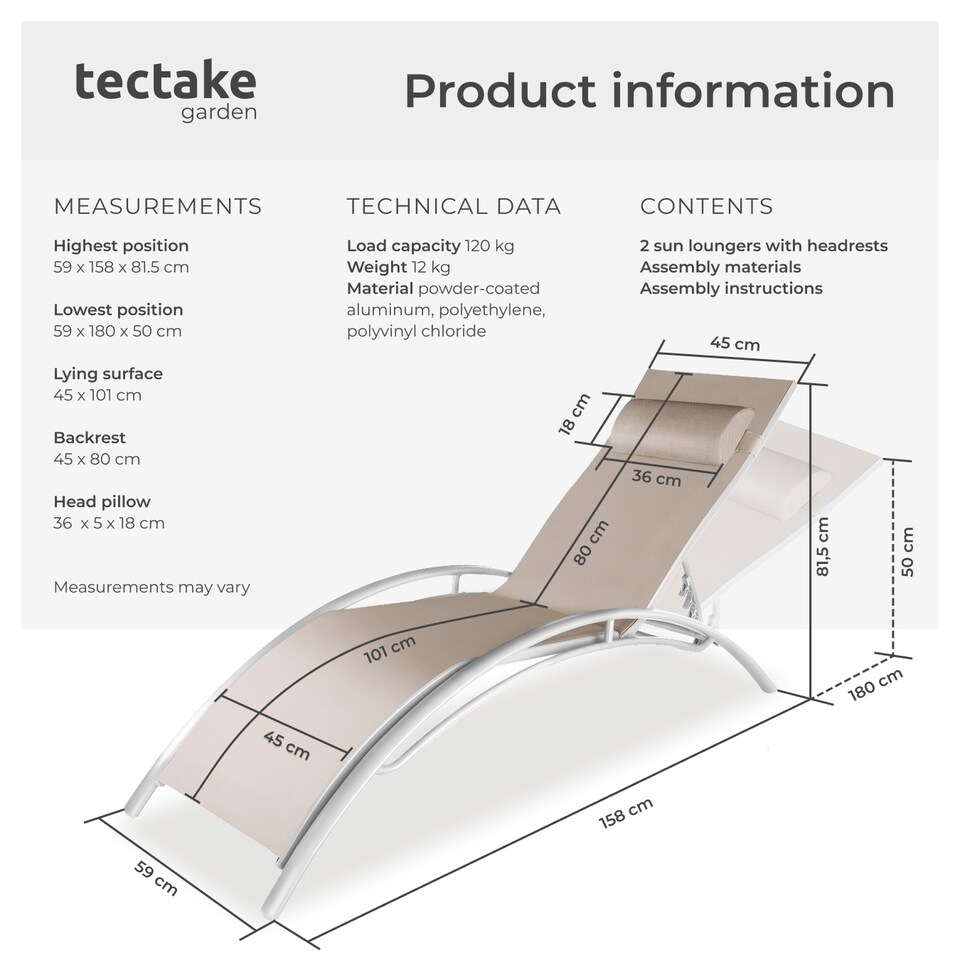 image 1 of Sun Lounger Set of 2 Alina - 5-step backrest, head cushion, aluminium frame | Cream | beige | 2