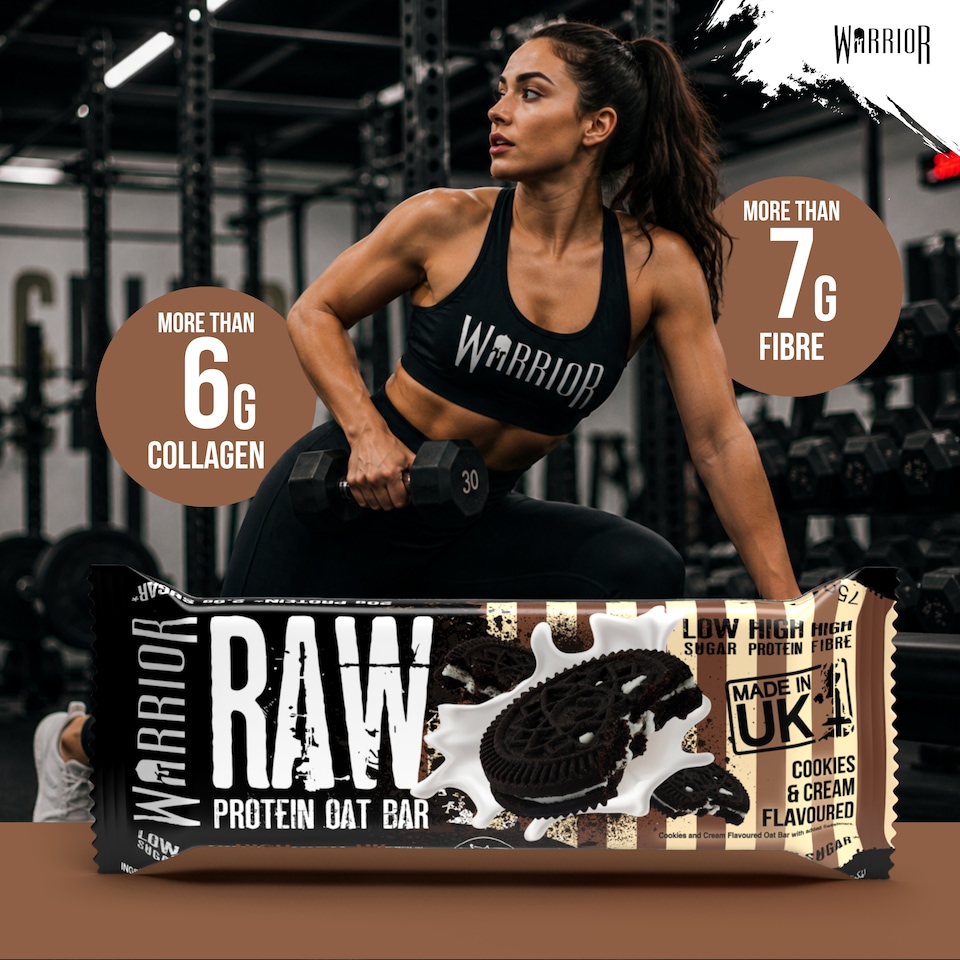 image 1 of Warrior RAW Protein Bars 12 x 75g – 20g High Protein Bar, Low Sugar High Fibre Oat Protein Flapjack – Protein Snacks, Meal Replacement Bars (Cookies & Cream)