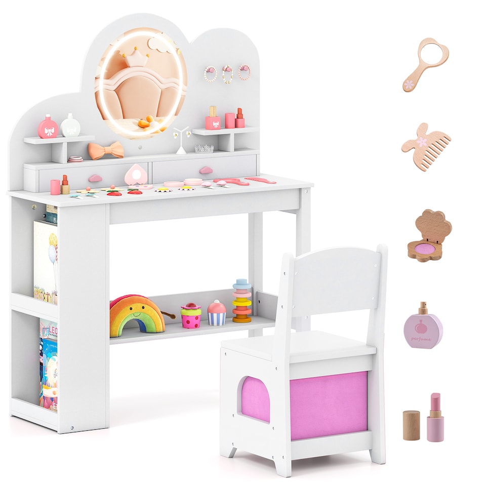 image 1 of COSTWAY Kids Princess Vanity Table & Chair Set White