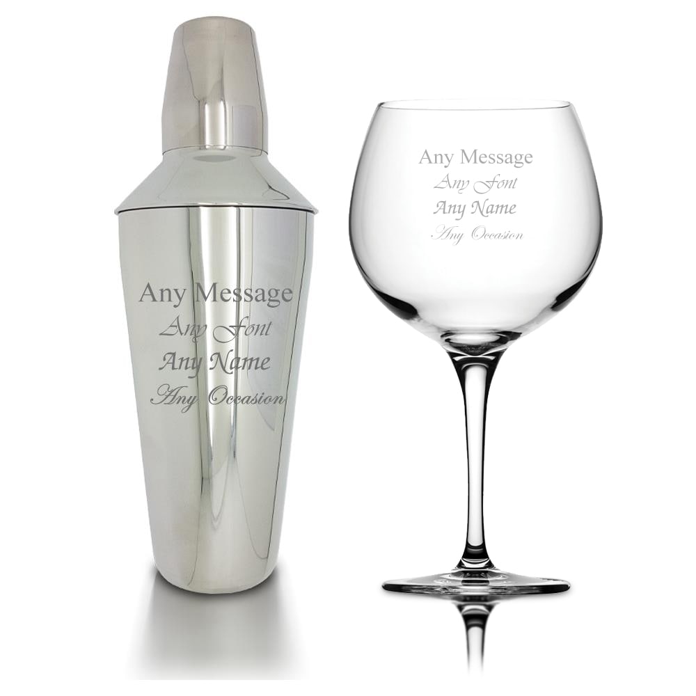 Personalised Engraved Cocktail Shaker and Gin Glass Birthday Gift