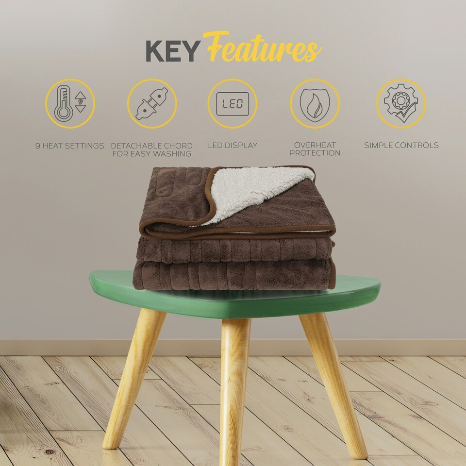 image 1 of MONHOUSE Heated Throw - Electric Blanket - Digital Controller - Timer up to 9 hours, 9 Heat Settings, Auto Shutoff - Single 130X160cm - Brown Shearling