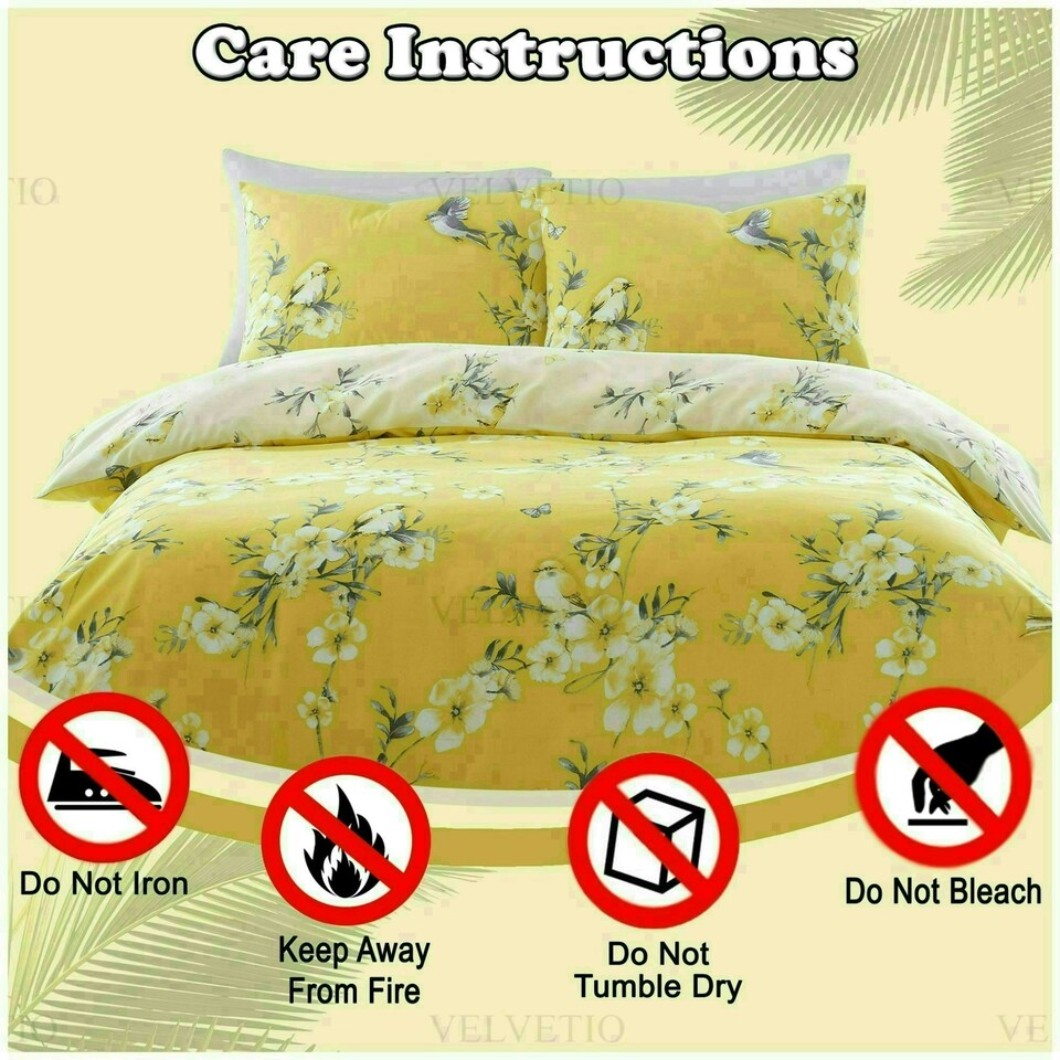 image 1 of VELVETIO Birdie Blossom Printed Duvet Cover Set Reversible Polycotton Beddings Yellow | Ochre | King