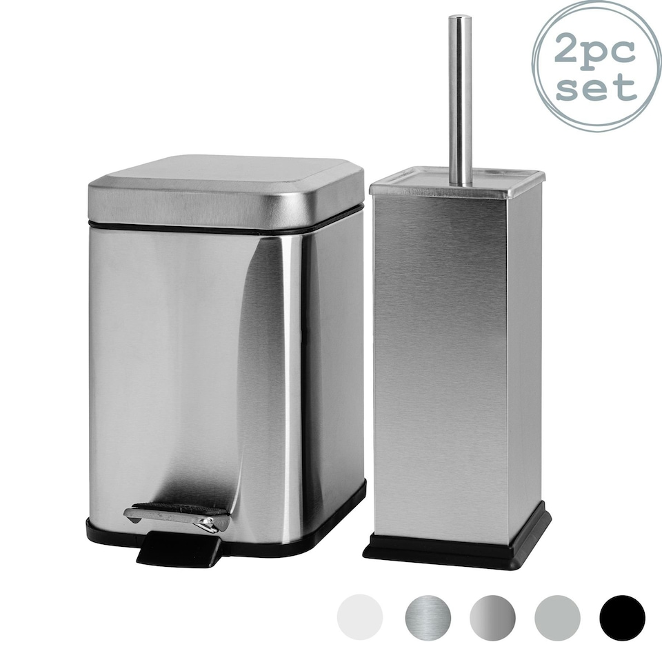 image 1 of Harbour Housewares Square Toilet Brush & Bin Set - Brushed Metal Grey
