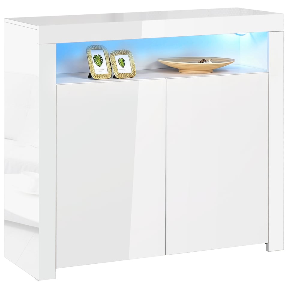 image 1 of HOMCOM 2-Door Sideboard with LED Light, High Gloss Lighted Storage Cabinet with Shelves and Open Compartment, Modern Kitchen Sideboard for Dining Room, Living Room, 107 x 35 x 97cm, White