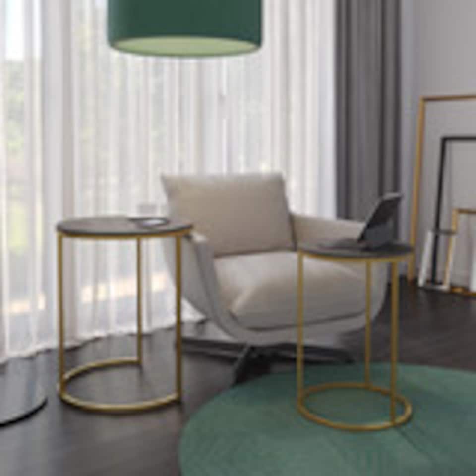image 1 of 2Pc Round Nesting Stackable Sofa Side Bedside End Table Set Wood Top Metal Legs | Multi | Black Marble Top with Gold Legs