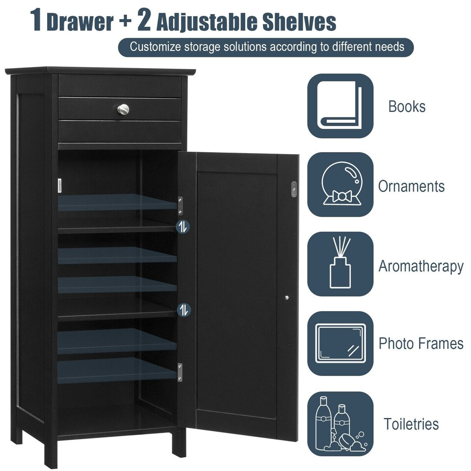 image 1 of COSTWAY Bathroom Storage Cabinet Wooden Cupboard Black Black