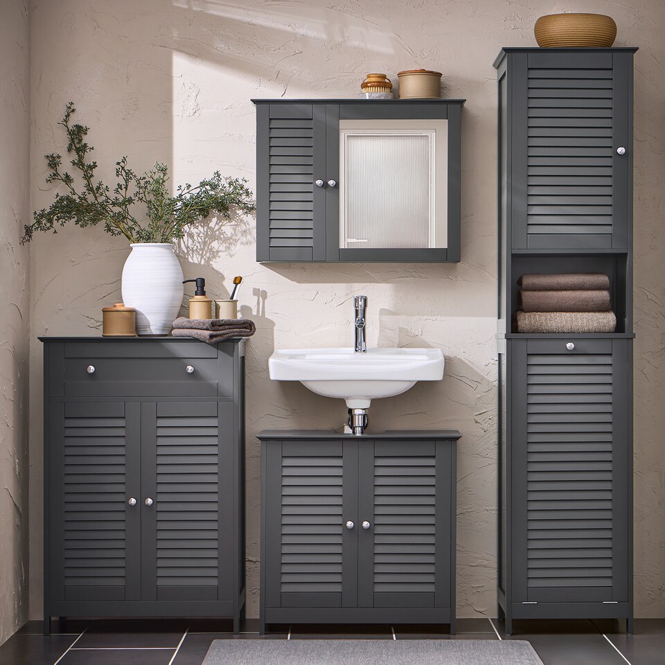 image 1 of SoBuy BZR124-DG,Tall Bathroom Storage Cabinet with Laundry Basket | Grey | Grey | 1