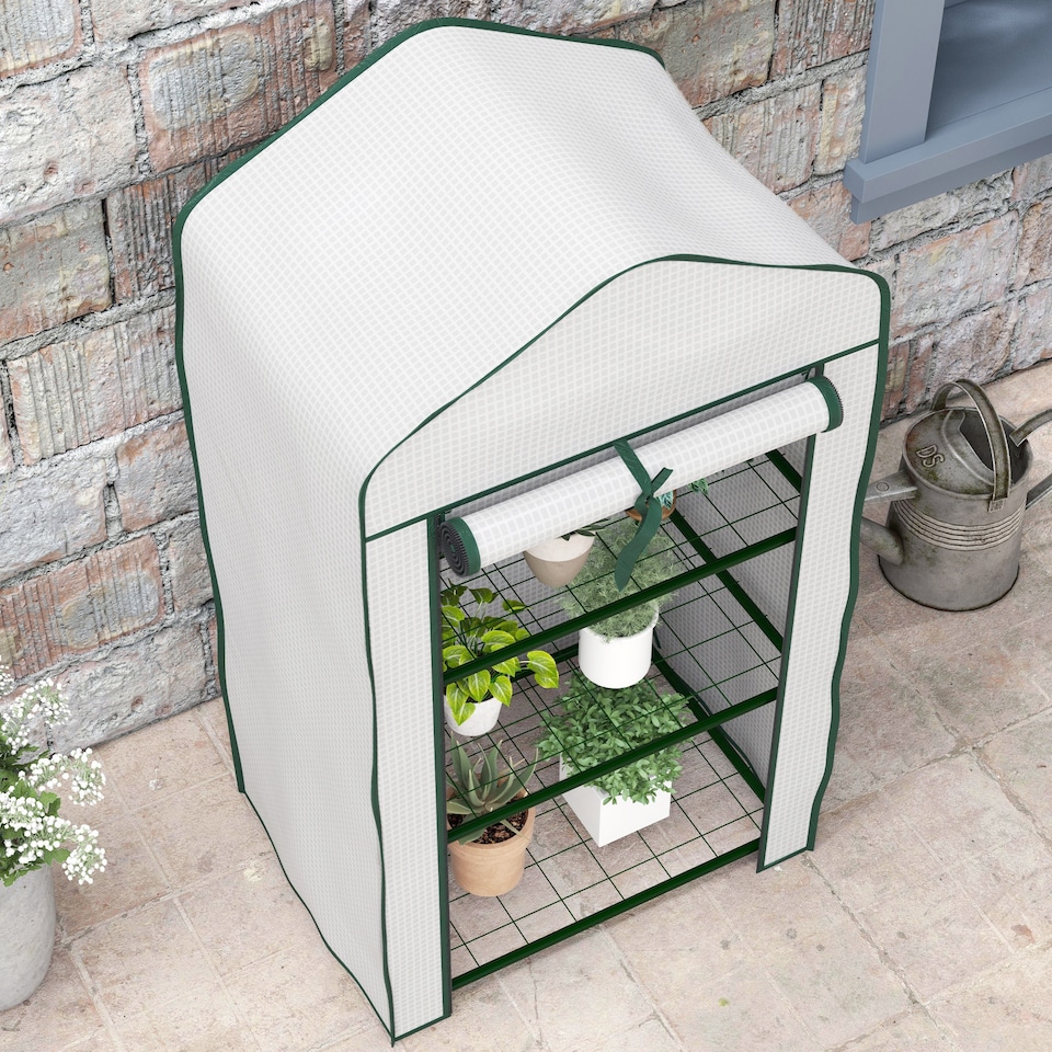image 1 of Outsunny Portable Mini Greenhouse with Roll-up Door and Wire Shelves, White