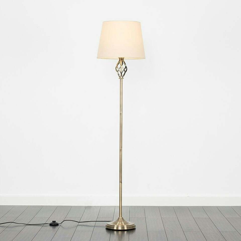 image 1 of ValueLights Traditional Style Antique Brass Barley Twist Floor Lamp With Beige Light Shade