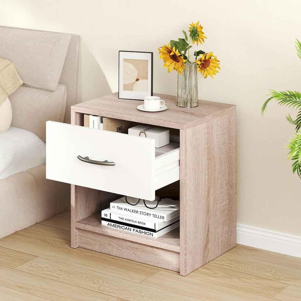image 1 of COSTWAY Bedroom Nightstand 3-Tier Bedside Table w/Drawer Coffee Brown