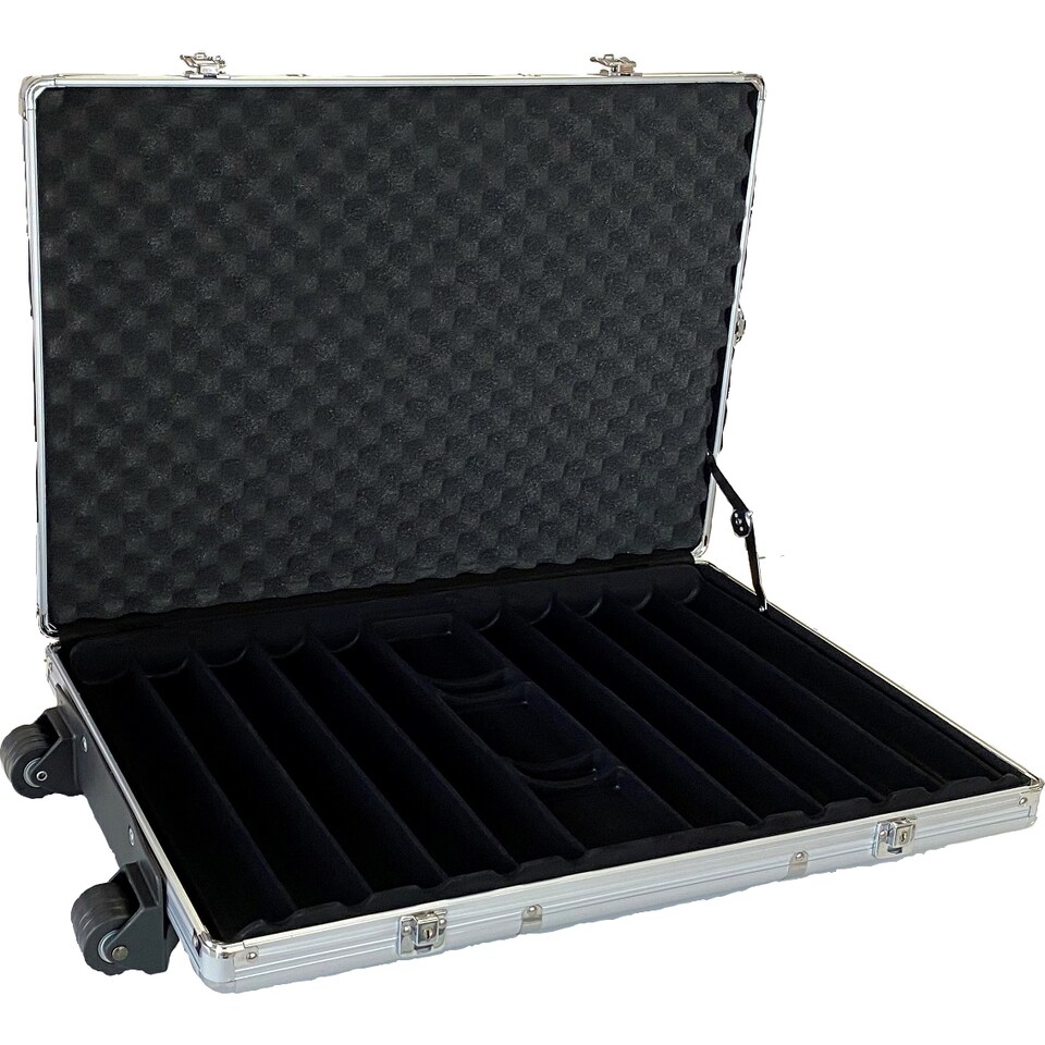 image 1 of Silver Empty Poker Chip Case Includes Wheels and Extendable Handle - Holds up to 1000 Pieces