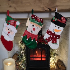 Bulk of 36 Hanging Christmas Stockings with 3 Different Designs - Santa, Snowman & Elf