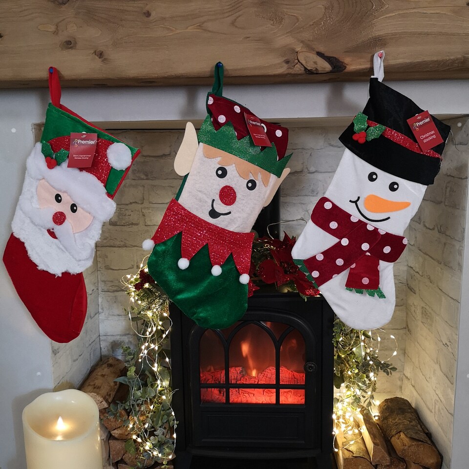 image 1 of Bulk of 36 Hanging Christmas Stockings with 3 Different Designs - Santa, Snowman & Elf