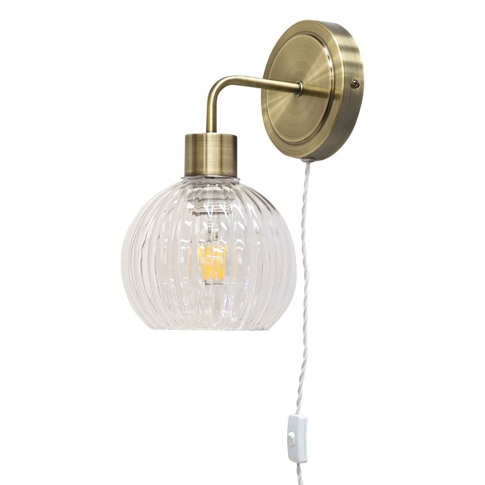 First Choice Lighting Toby - Antique Brass Plug in Wall Light with Betchley Clear Shade in Gold