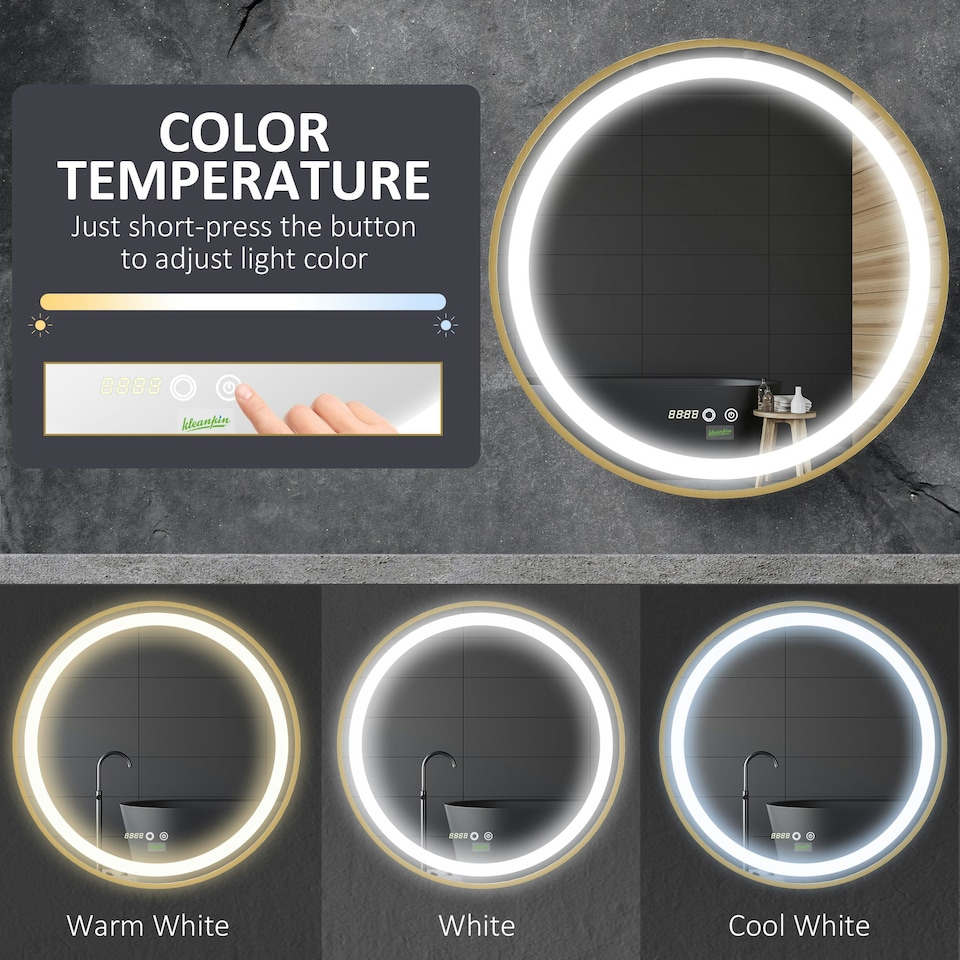 image 1 of kleankin Wall Mounted LED Bathroom Mirror with 3 Light Colours Time Display Gold