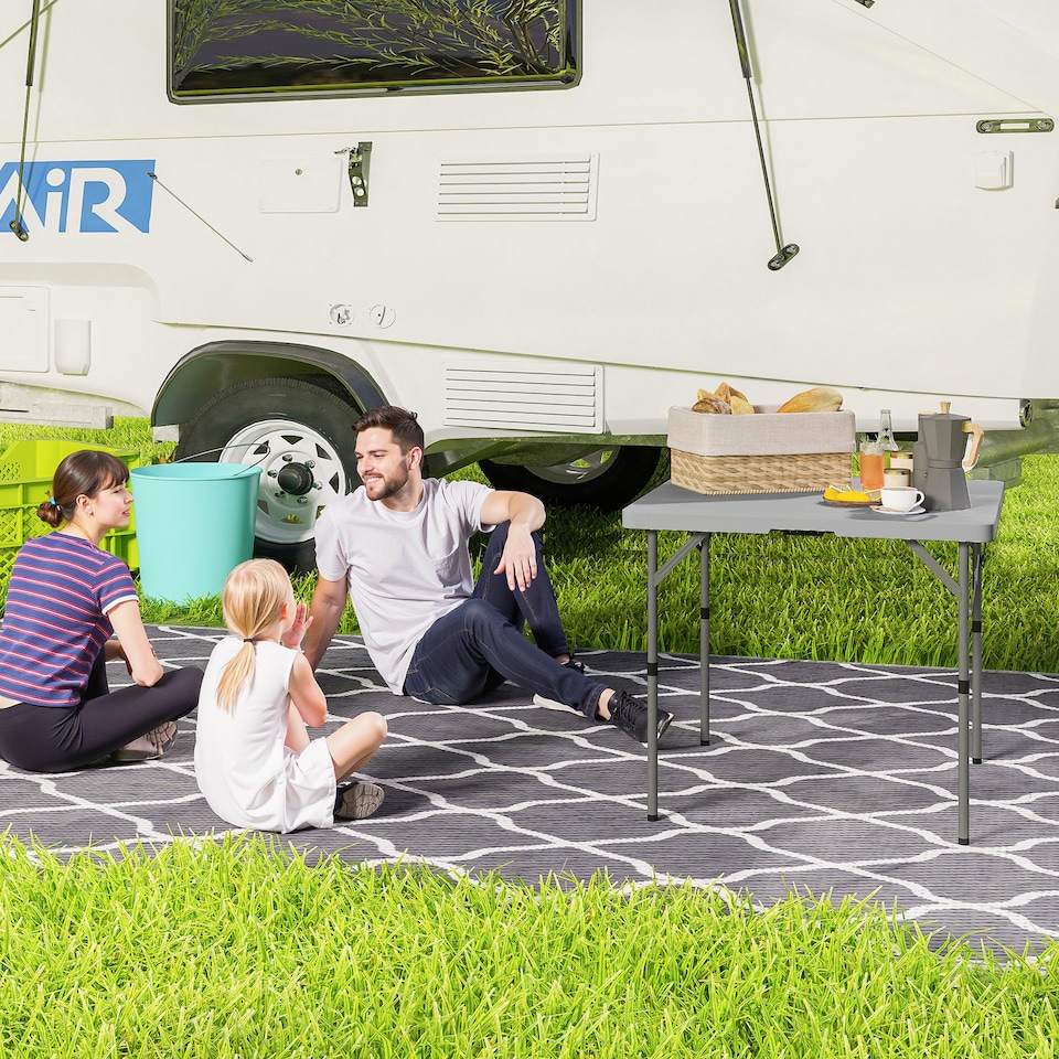 image 1 of Outsunny 3ft Folding Camping Table, Heavy Duty Picnic Table with 2 Adjustable Height for Indoor Outdoor Garden, Party, BBQ, Dark Grey | Grey | Dark Grey | 86L x 86W x 74Hcm