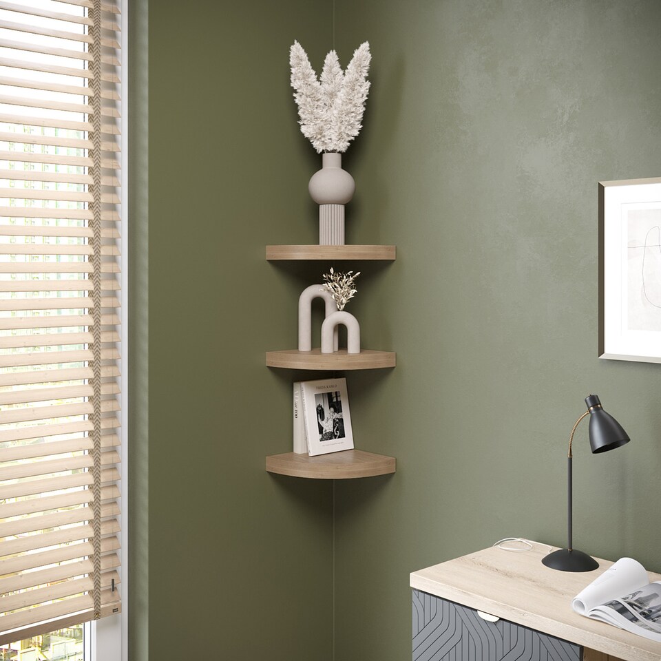 image 1 of Wooden Wall Mounted Floating Corner Shelf - Set of 3 | Brown | 3