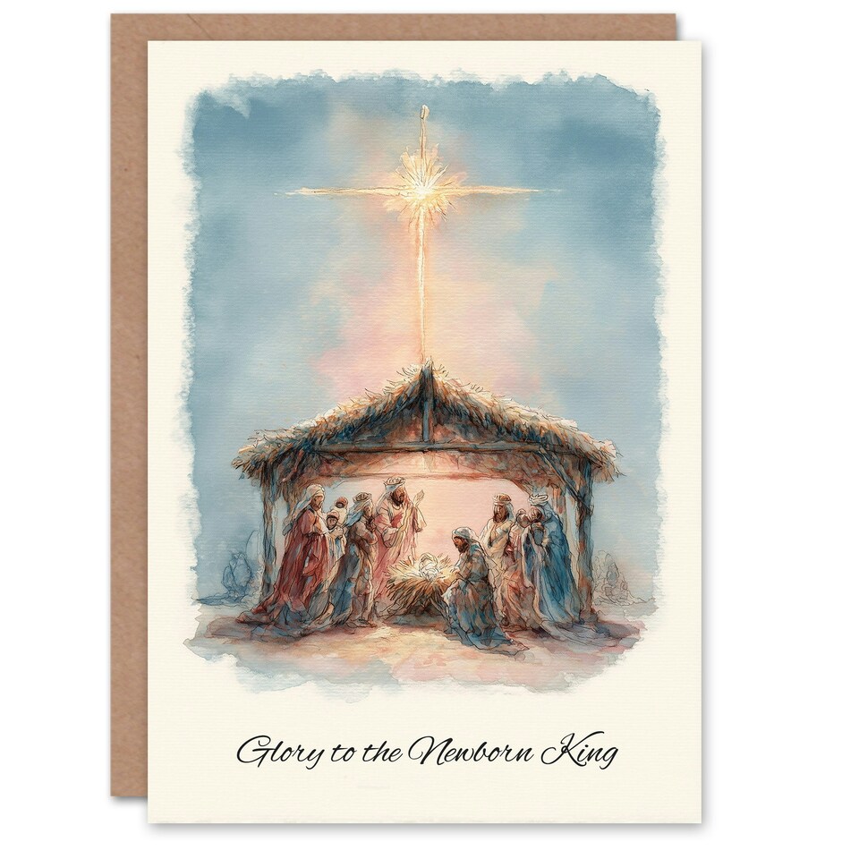 image 1 of Christmas Card Nativity Scene Glory To Newborn King Watercolour