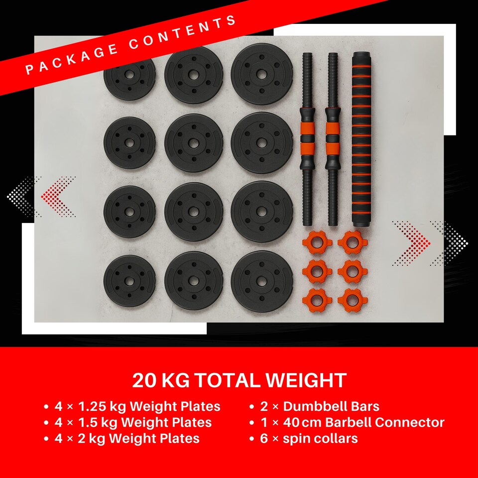 image 1 of Straame 20KG Adjustable Dumbbell & Barbell Weight Set with Foam-Padded Connector. Free Weights for Home Gym, Strength Training, Non-Slip TPR Grips, PE Shell Plates, Compact Storage