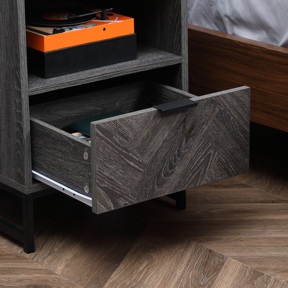 image 1 of HOMCOM Bedside Table with Drawer and Shelf, Side End Table with Steel Legs for Living Room, Bedroom, Dark Grey