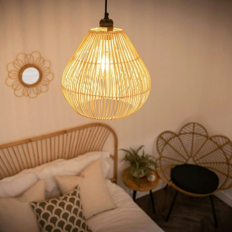 image 1 of ValueLights Vine Natural Rattan Teardrop Ceiling Pendant Shade Cream