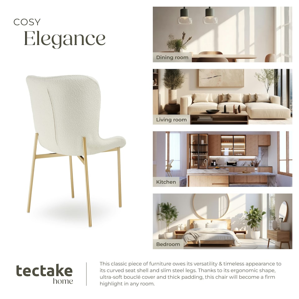 image 1 of Dining Chair Tessa - ergonomic high backrest, slim steel legs, soft fabric - Set of 2 White | Boucle White/Gold