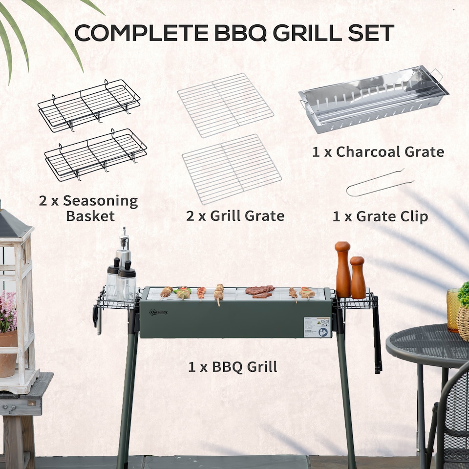 image 1 of Outsunny Portable Charcoal Barbecue Grill with Seasoning Baskets and Hooks