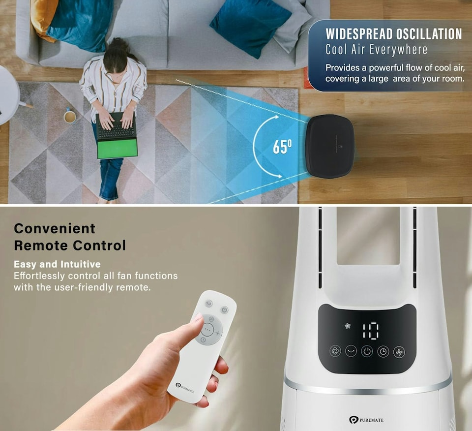 image 1 of PureMate 42-Inch Bladeless Tower Fan with Air Purifier - White