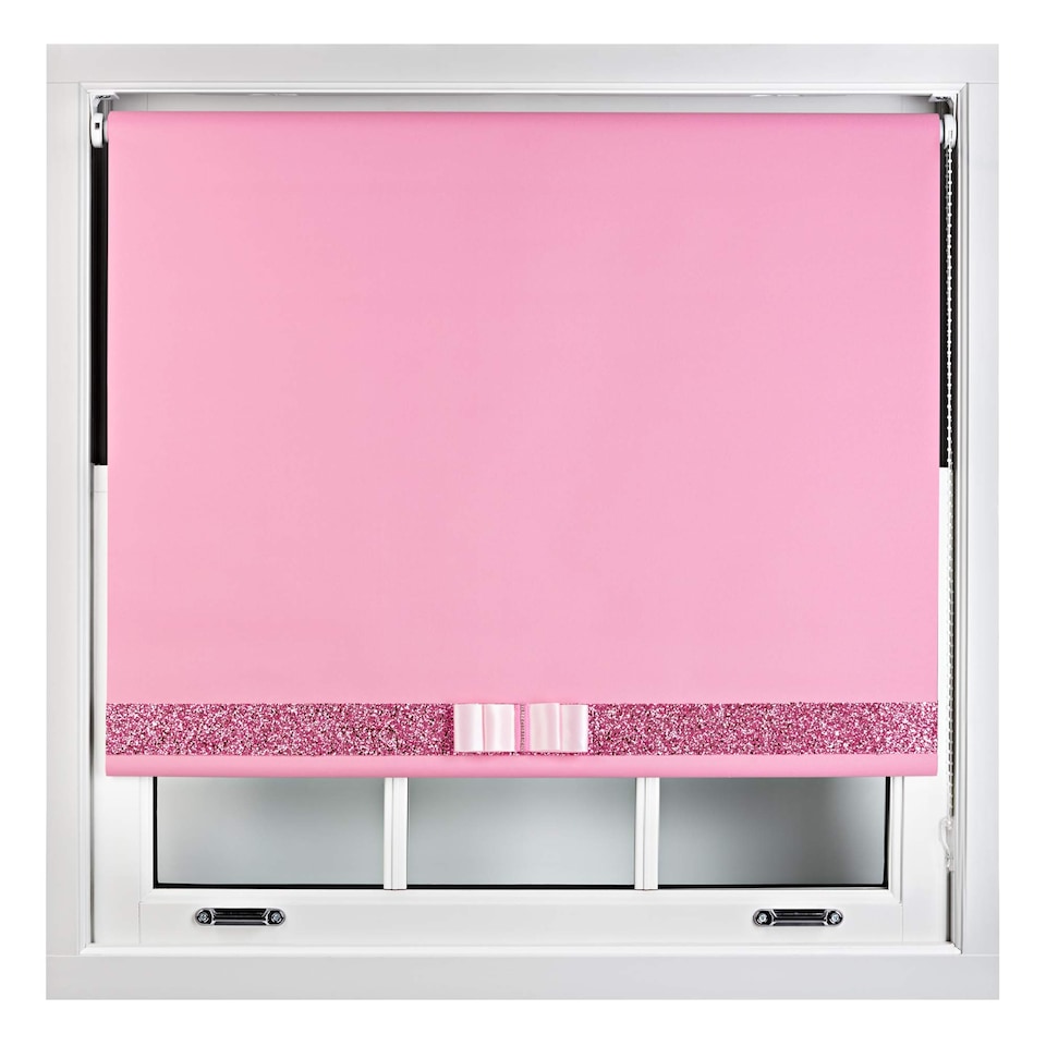image 1 of FURNISHED Blackout Roller Blind with Pink Glitter Trim and Pink Bow Trimmable Window Shade | Pink | Pink | (W) 150cm x (L) 210cm