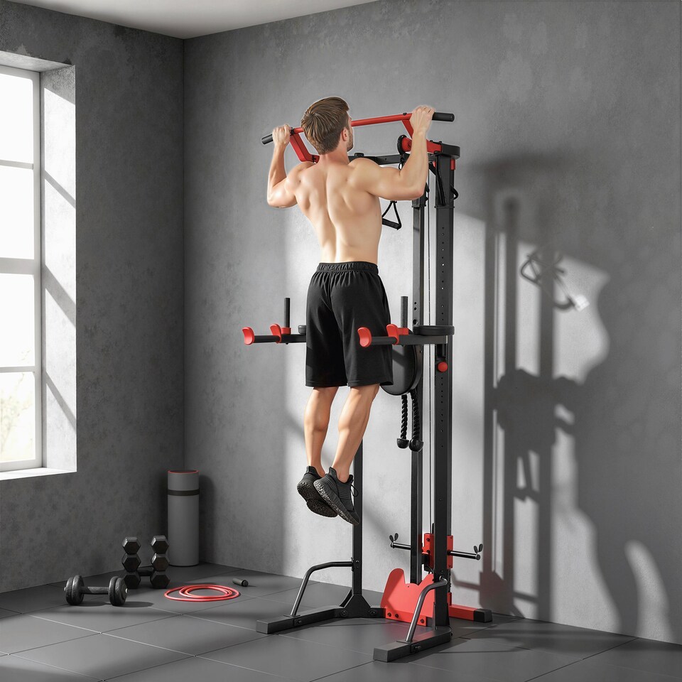 image 1 of SPORTNOW Power Tower with Lat Pull Down Machine, Pull Up Bar, Dip Station | Black | Black and Red | 100W x 110D x 225H cm