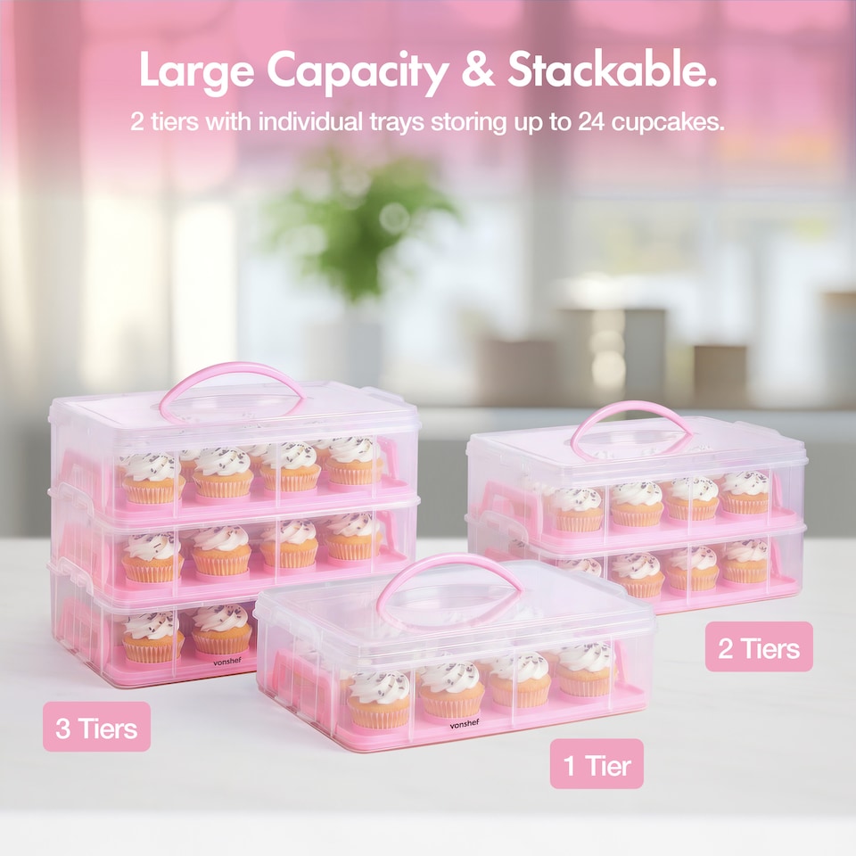 image 1 of VonShef Pink Cupcake Carrier with Handle 3 Tier Up to 36 Cakes