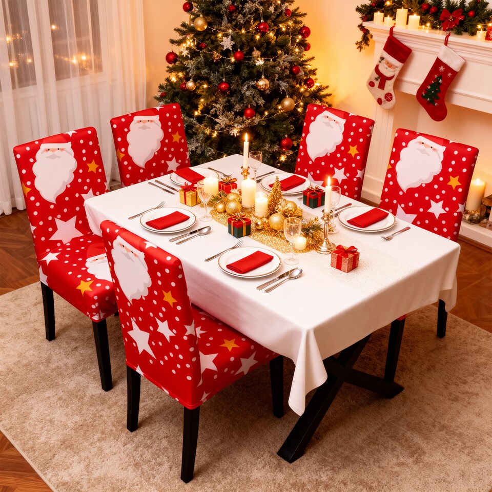 image 1 of Santa Claus Printed Christmas Chair Covers, Chair Protector Slipcovers - Red
