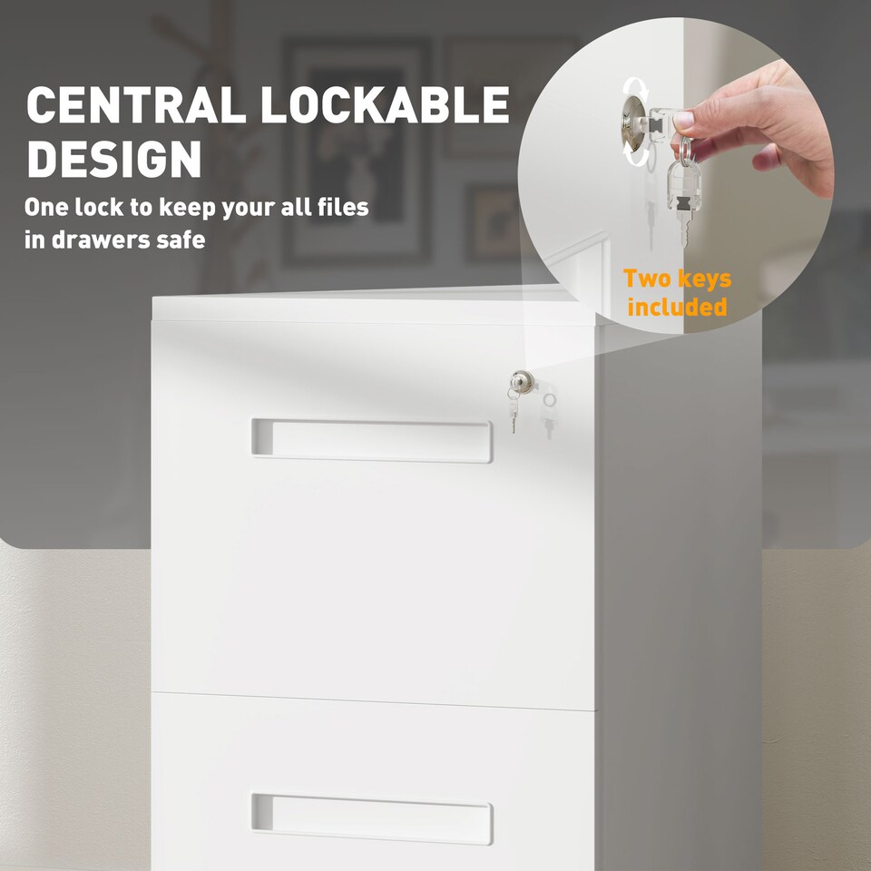 image 1 of Vinsetto Metal Mobile File Cabinet with Wheels, Lockable 2 Drawer Filing Cabinet for A4, Legal, Letter, Compact Under Desk Storage Unit with Pre-Assembled Body for Home Office, 39 x 48 x 67cm, White