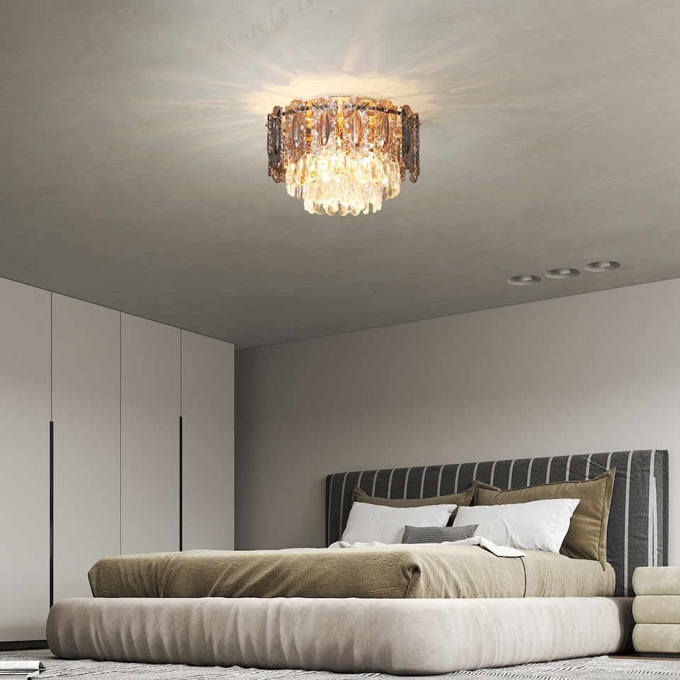 image 1 of HOMCOM Chandelier Ceiling Light, 3-Light Vintage Flush Mount Fixture with Dual Crystal and Smoke Glass Shade, LED Ceiling Light for Living Room Bedroom, 3 E27 Sockets, Bulbs Not Included, Gold Tone