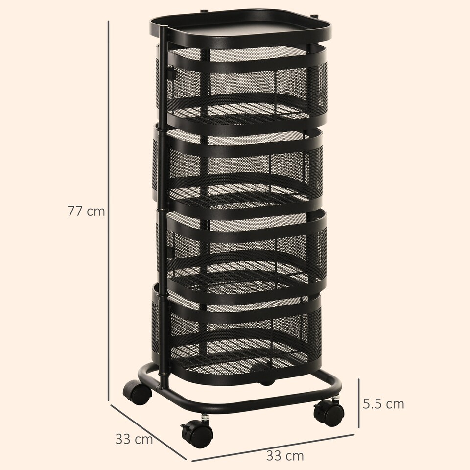 image 1 of HOMCOM Metal Storage Cart with Top Tray and 4 Mesh Baskets, Black