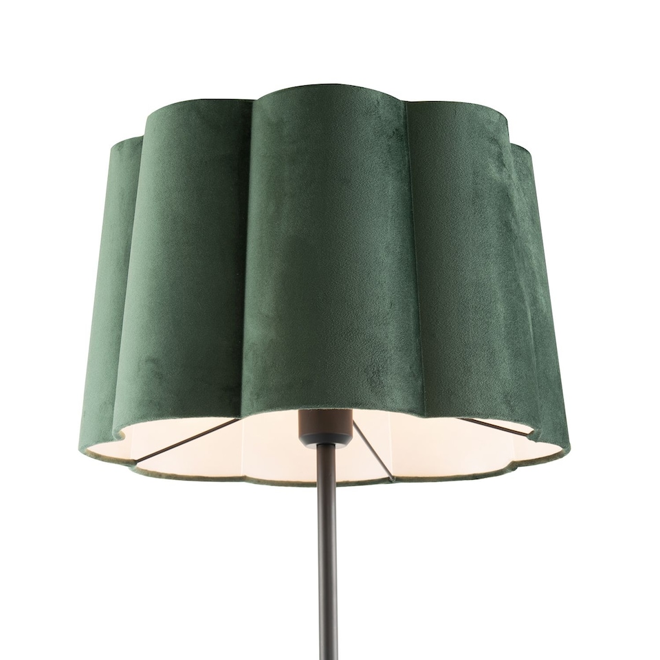 image 1 of Modern Matte Black Floor Lamp with Forest Green Velvet Scallop Shade