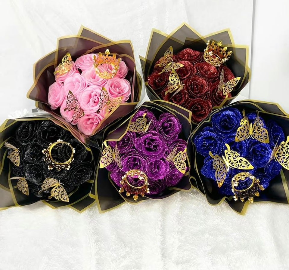 image 1 of Artificial 12 Blue Rose Flower Bouquet With Glitter Crown Butterfly Wedding Party Decoration
