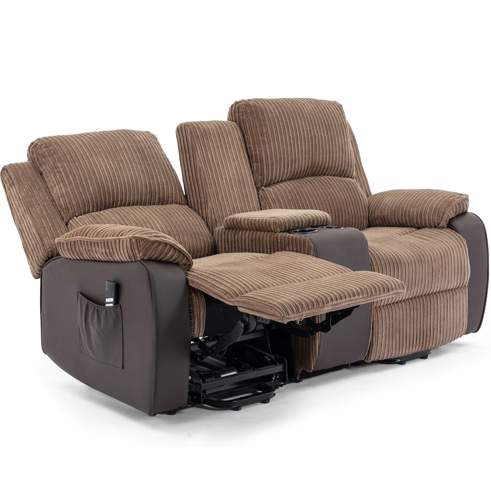 image 1 of Postana Dual Motor Rise Recliner 2 Seater Cord Drinks Console Sofa (Brown)