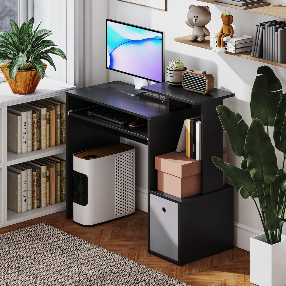 image 1 of HOMCOM Computer Desk with Sliding Keyboard Tray Storage Drawer Shelf Home Office Workstation Black