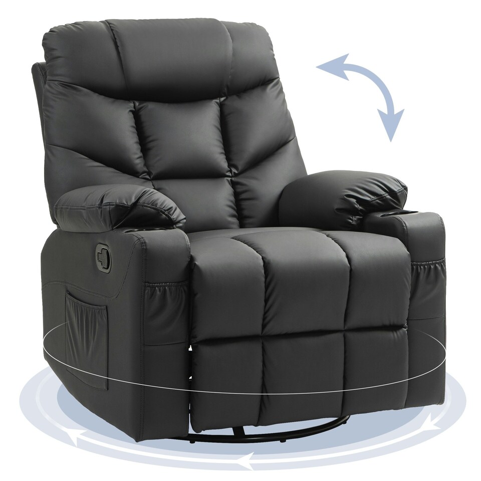 image 1 of HOMCOM Recliner Armchair, Swivel PU Leather Manual Reclining Chair with Adjustable Leg Rest, Drink Holders, Side Pockets, Rocker Chair for Home Living Room, Black