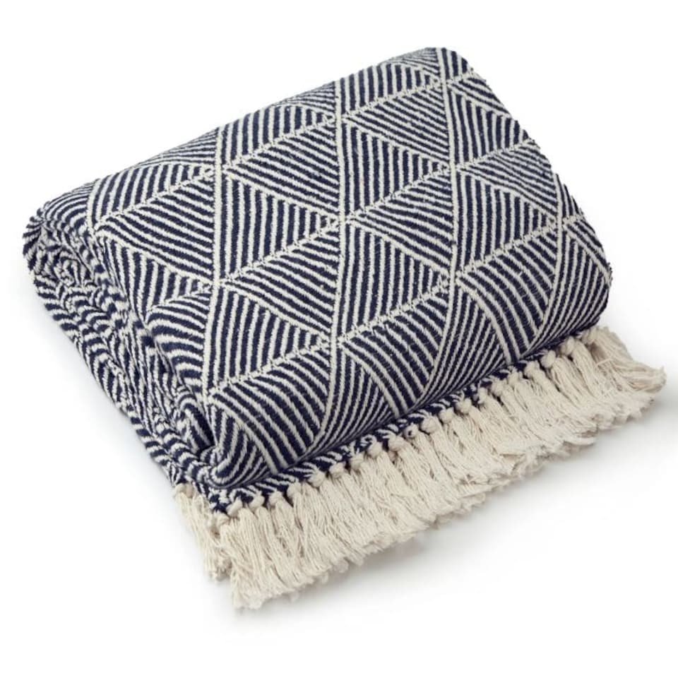 image 1 of Geo Diamond Collection Recycled Cotton Throw in Navy (90" x 100") Blue | Blue