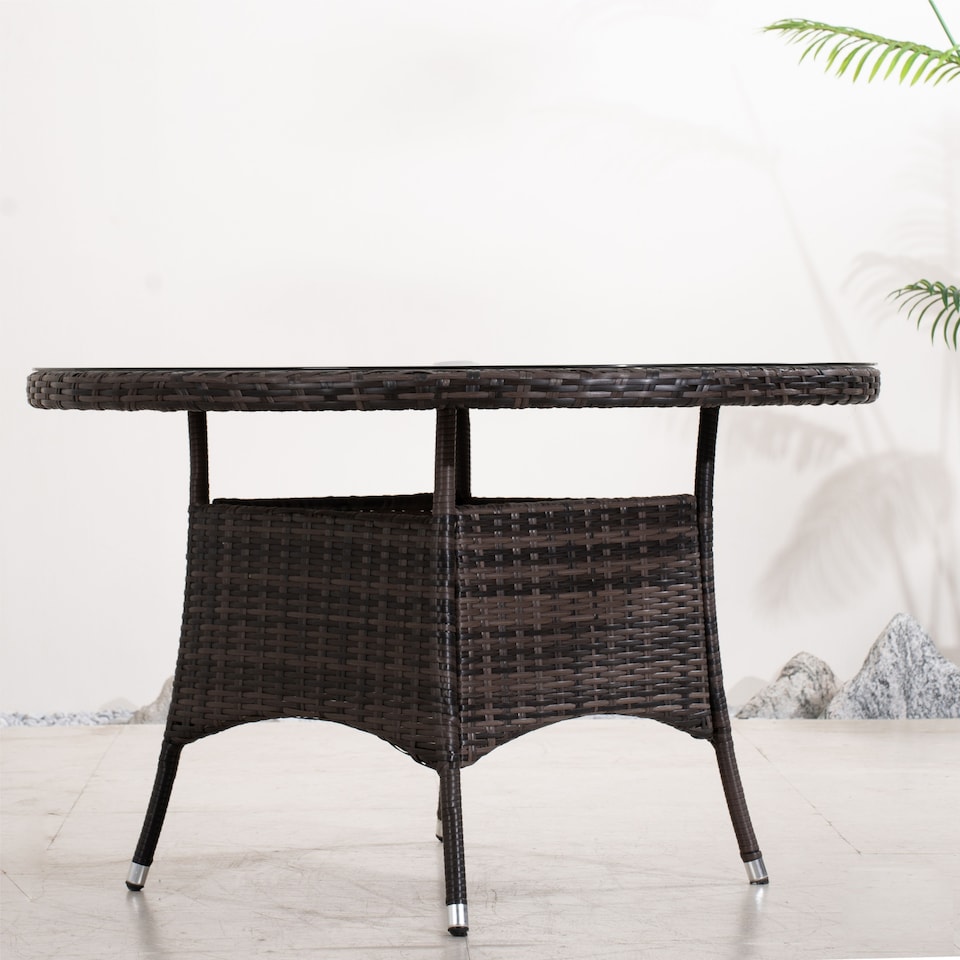 image 1 of Direct Wicker Outdoor 4 Person Rattan Round Dining Table, Aluminum Frame with Tempered Glass Top, Umbrella Hole | Brown