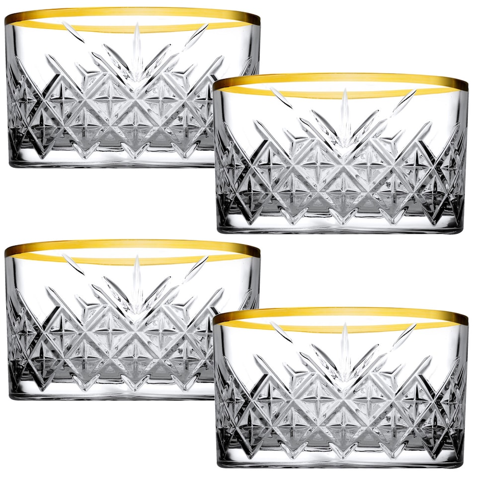Cut Glass Effect Mini Dessert Serving Bowl Dishes with Gold Rim | Clear | 4