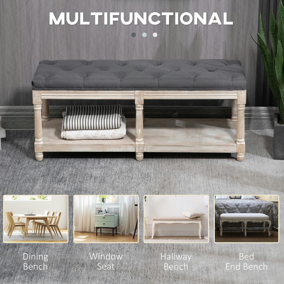 image 1 of HOMCOM 2-Tier Bed End Bench, Vintage Stool Button Tufted Window Seat Cream White Grey