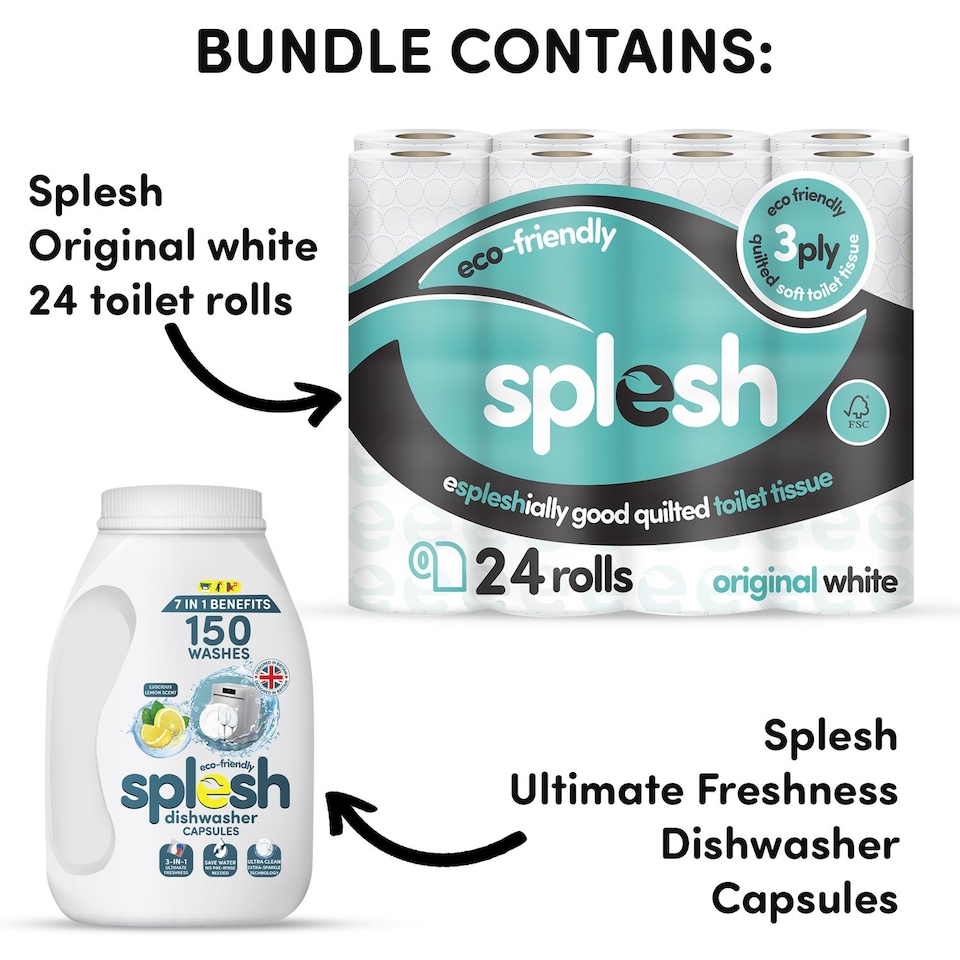 image 1 of Splesh Toilet Paper Original White 3-Ply 24 Rolls with 3in1 Dishwasher Tablets 150W