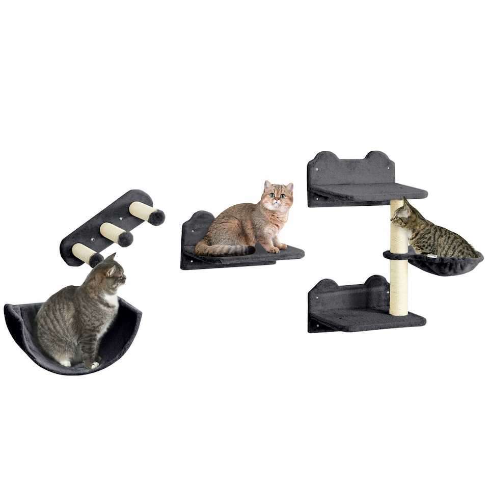 image 1 of PawHut Wall Mounted Cat Tree 4PC Kitten Activity Centre with Sisal Dark Grey