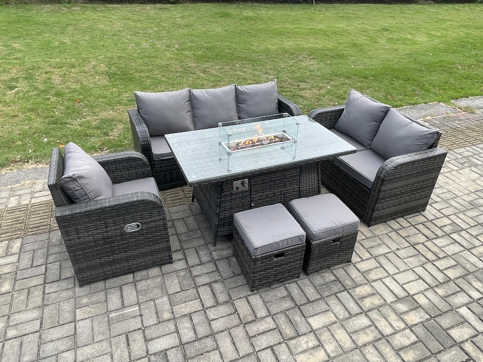 image 1 of Fimous Wicker Rattan Garden Furniture Set with Fire Pit Table 8 Seater Outdoor Lounge Sofa Set Dark Grey Mixed