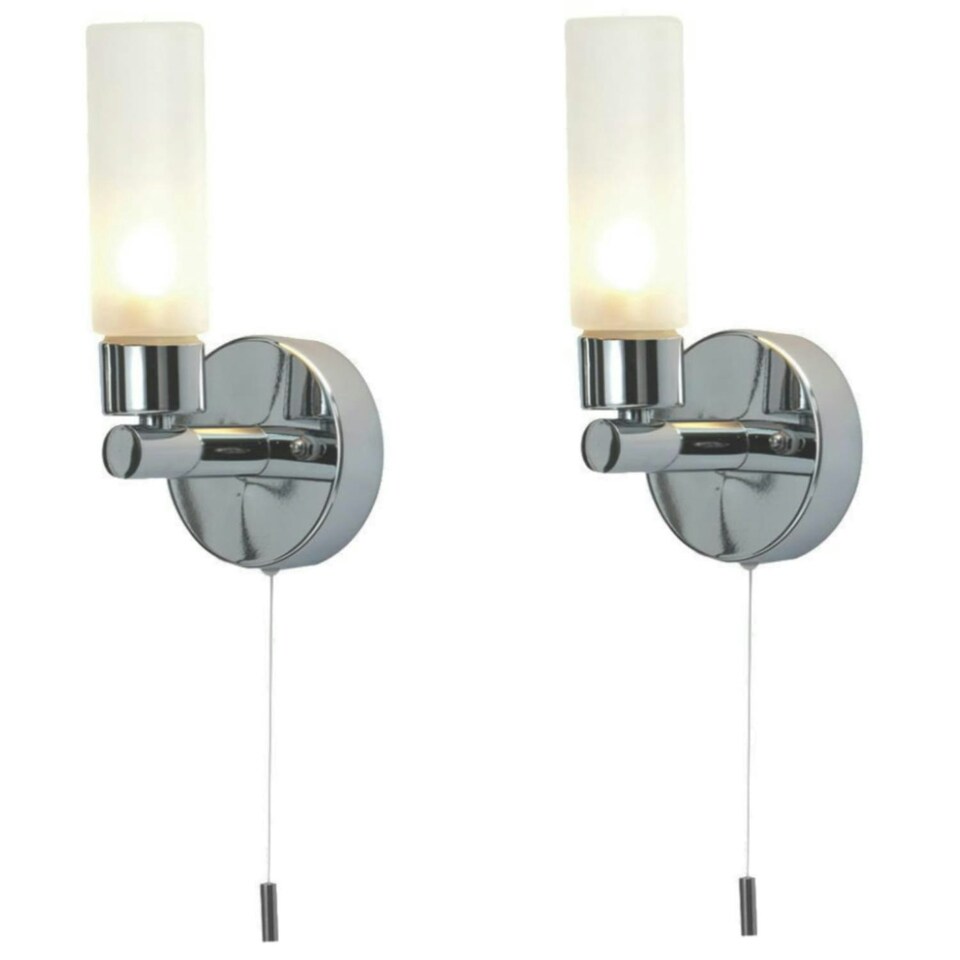 image 1 of First Choice Lighting Set of 2 Polished Chrome IP44 Bathroom Wall Light With Pull Cord Switch Chrome | White